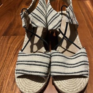 Platform shoes, black and white, wicker bottoms